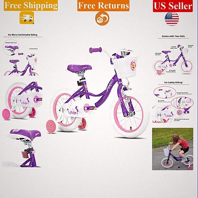 Fairy Girls Kids Bike 12/14/16/18 Inch Purple with Basket & Training Wheels